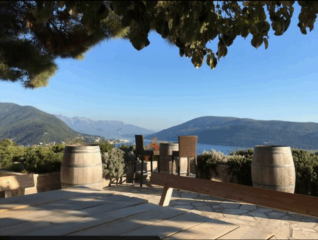 Panoramic view from Savina Winery terrace overlooking Boka Bay near Herceg Novi, Montenegro.