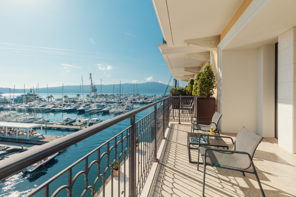 Private terrace overlooking Porto Montenegro marina and Boka Bay from Regent Porto Montenegro suite.