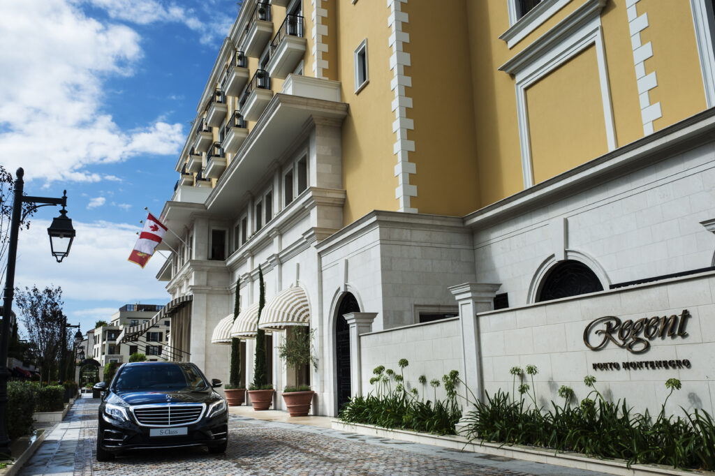 Regent Porto Montenegro main entrance façade at Porto Montenegro marina in Tivat.