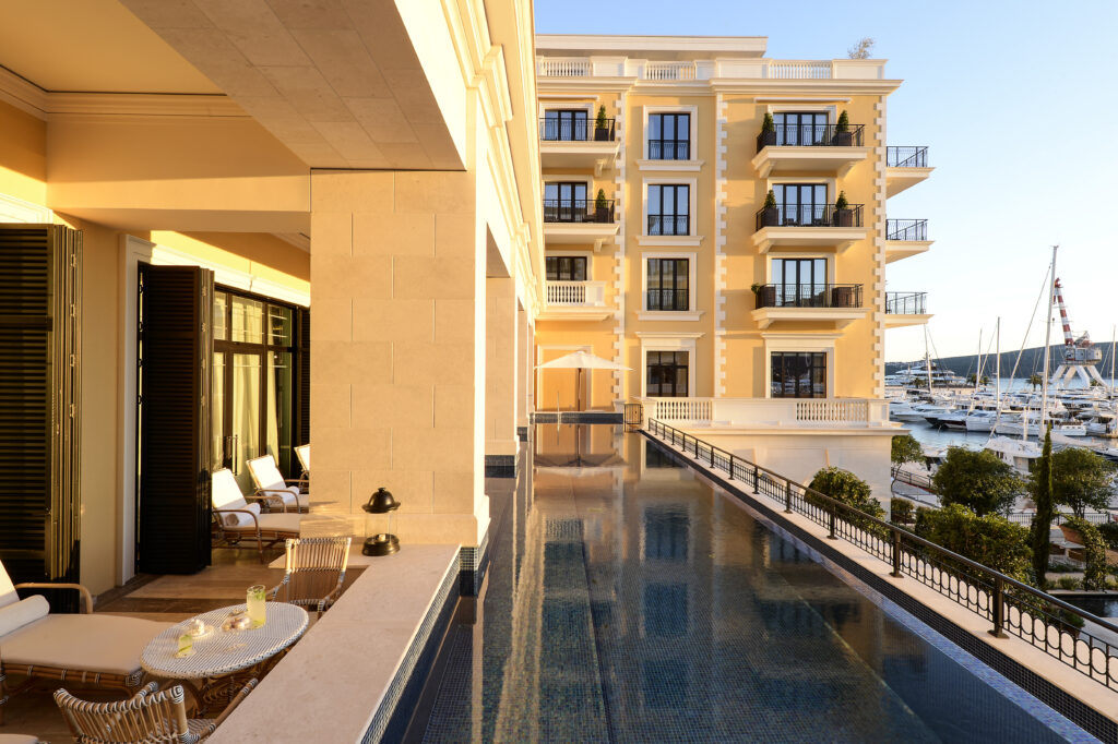 Regent Porto Montenegro main entrance façade at Porto Montenegro marina in Tivat.