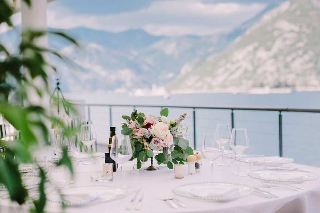 Evening terrace at Verige65 Restaurant & Bar on the waterfront in Kostanjica, Boka Bay, Montenegro.