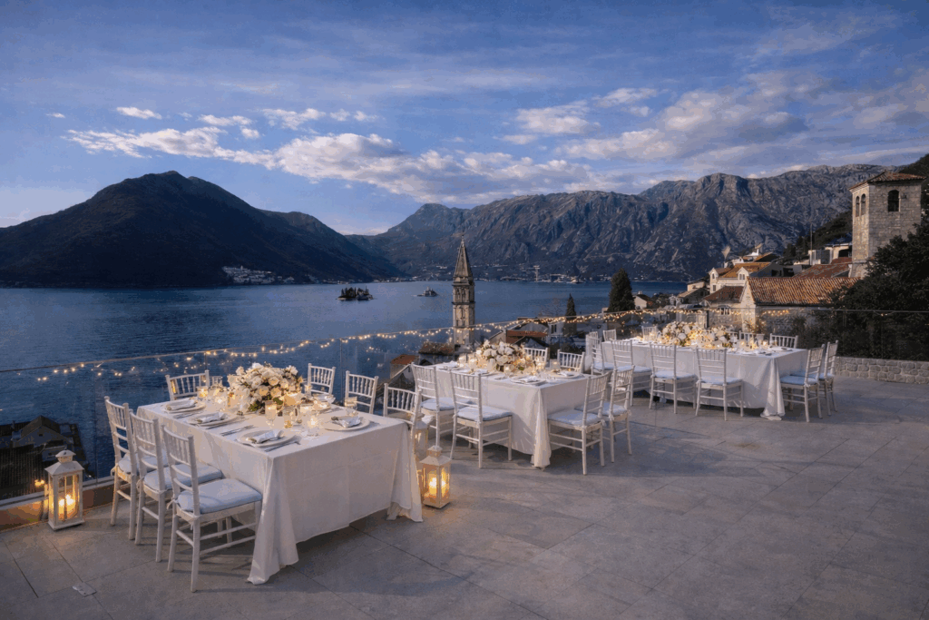 Wedding set up on a terrace in Perast