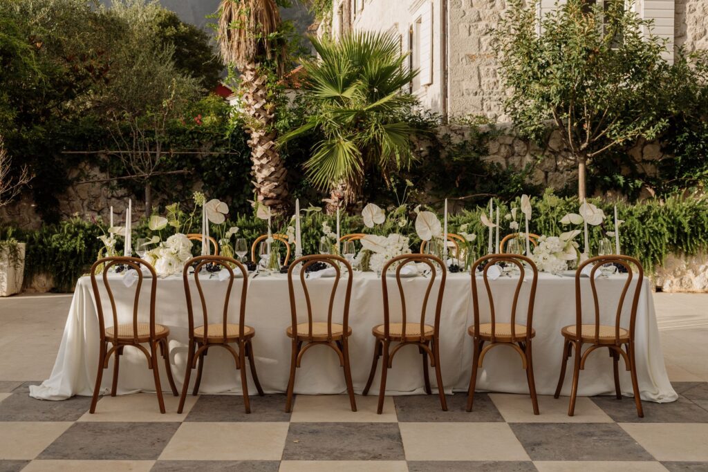 Elegant wedding dinner setup at Villa Shah Montenegro