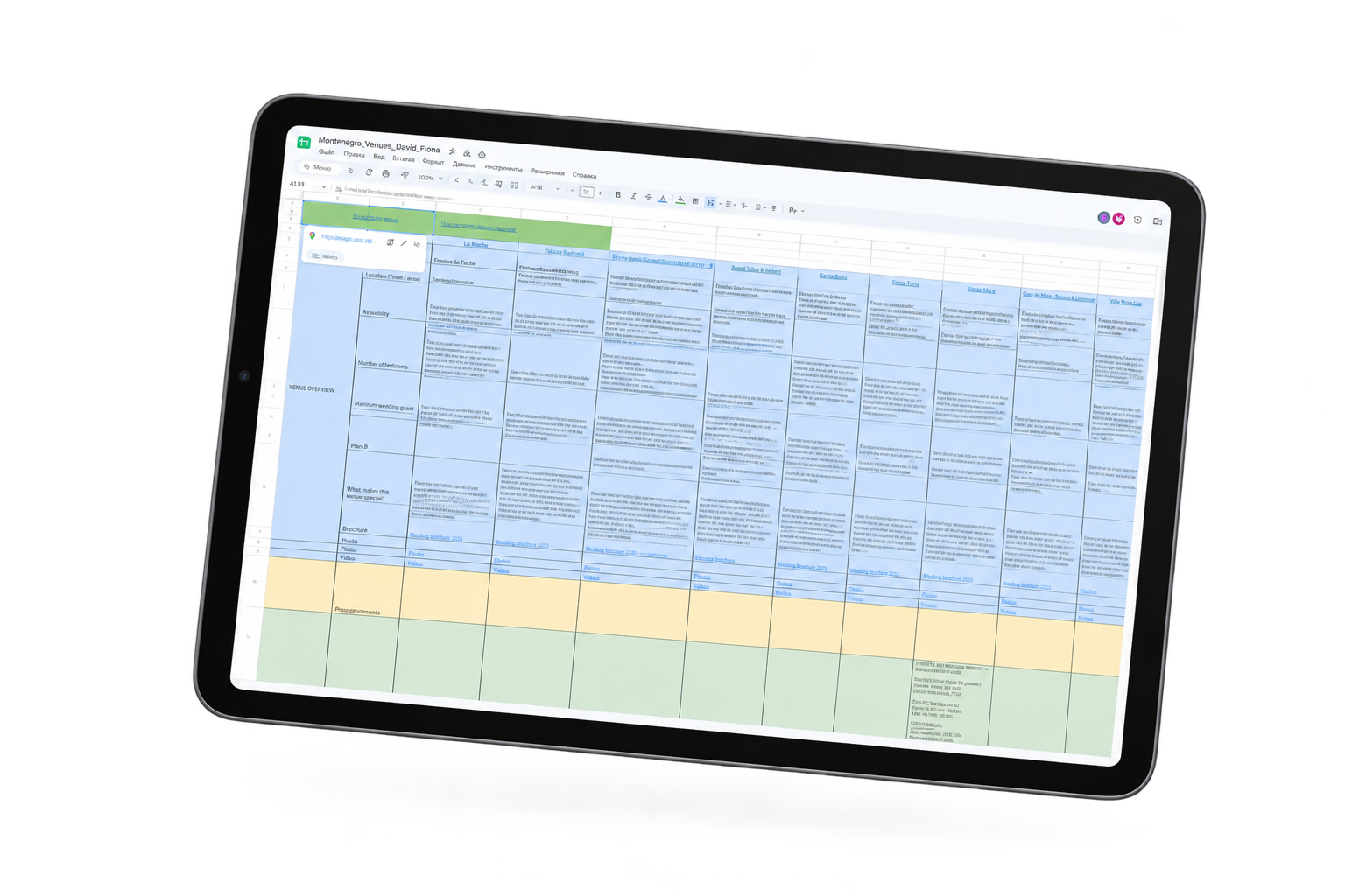 Venue Discovery comparison spreadsheet on a tablet